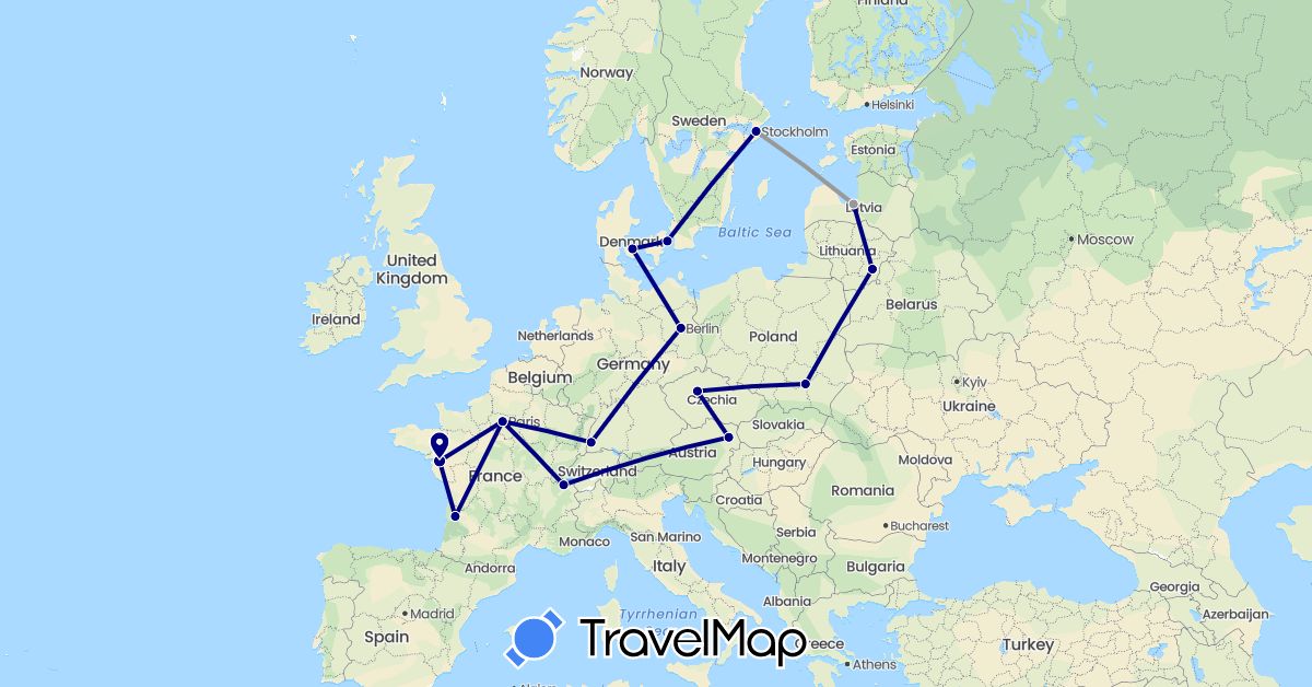 TravelMap itinerary: driving, plane in Austria, Switzerland, Czech Republic, Germany, Denmark, France, Lithuania, Latvia, Poland, Sweden (Europe)